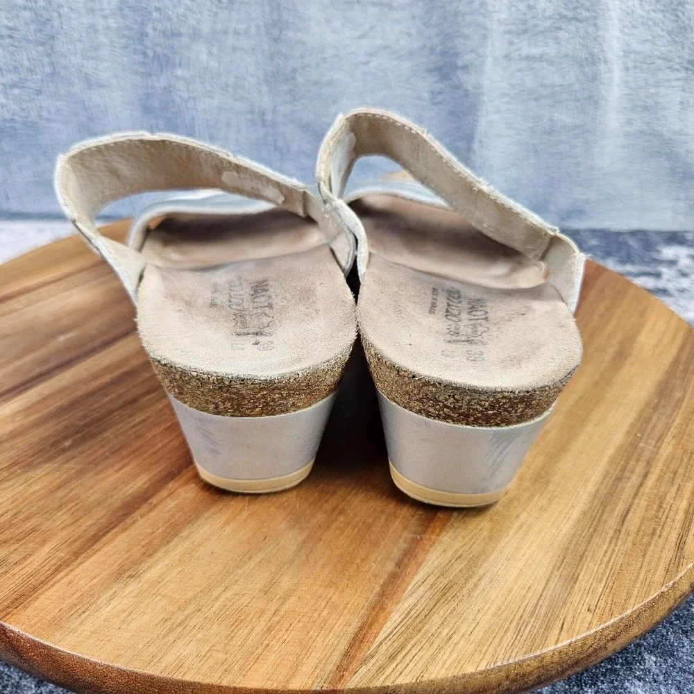 Naot Royalty Women's Soft White/Silver Leather Wedge Slide Sandals EU 39/US 8